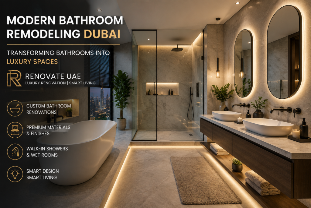 Luxury modern bathroom remodeling in Dubai with freestanding bathtub, walk-in shower, LED mirrors, marble walls, and contemporary vanity design.