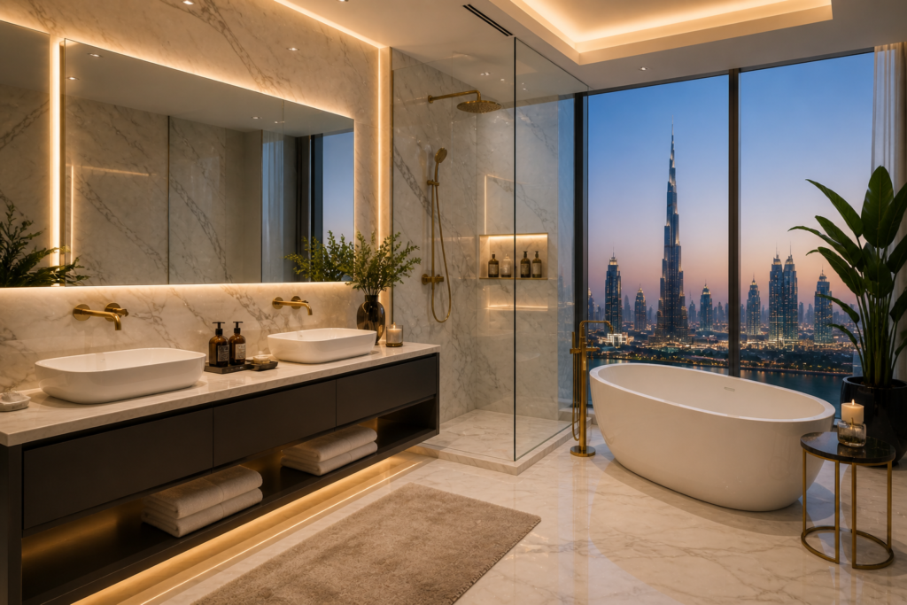 Modern luxury bathroom renovation in Dubai with marble finishes and skyline view