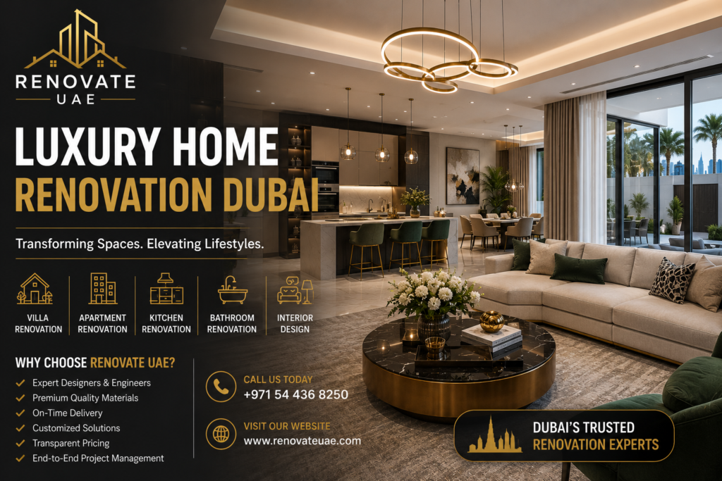 Modern luxury home renovation Dubai featuring elegant living room, open kitchen, luxury lighting, and premium interior design by Renovate UAE