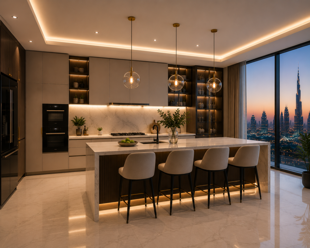 Modern luxury kitchen design in Dubai with marble island and skyline view