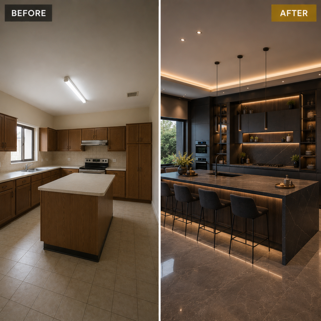 Modern luxury kitchen renovation before and after with island and dark wood design
