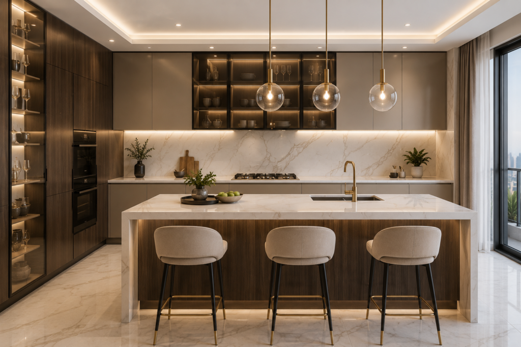 Modern luxury kitchen renovation Dubai with marble island and wood cabinets