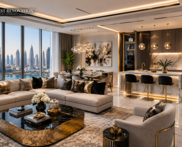 Modern luxury open-plan interior design in Dubai with kitchen and living room