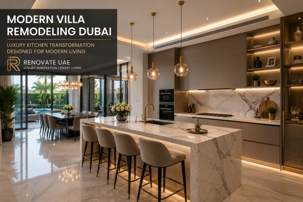 Modern Villa Remodeling Dubai luxury kitchen interior by Renovate UAE