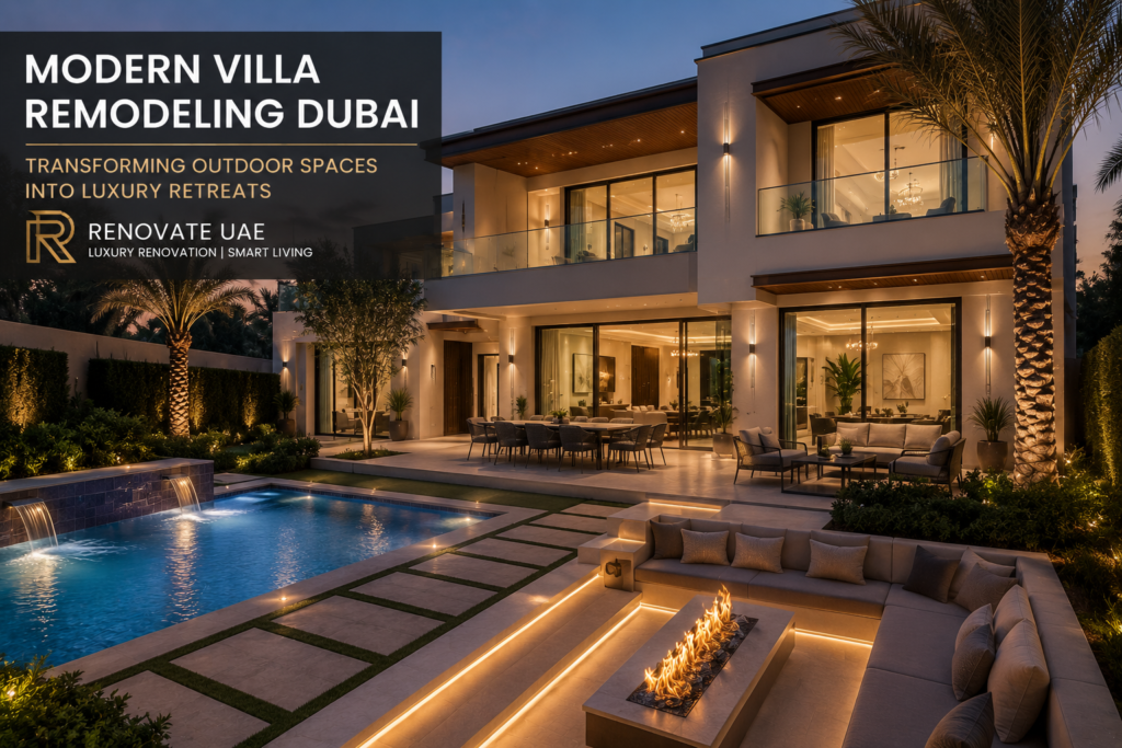 Modern luxury villa remodeling in Dubai with outdoor pool, fire pit seating, landscape lighting, and contemporary architecture by Renovate UAE.