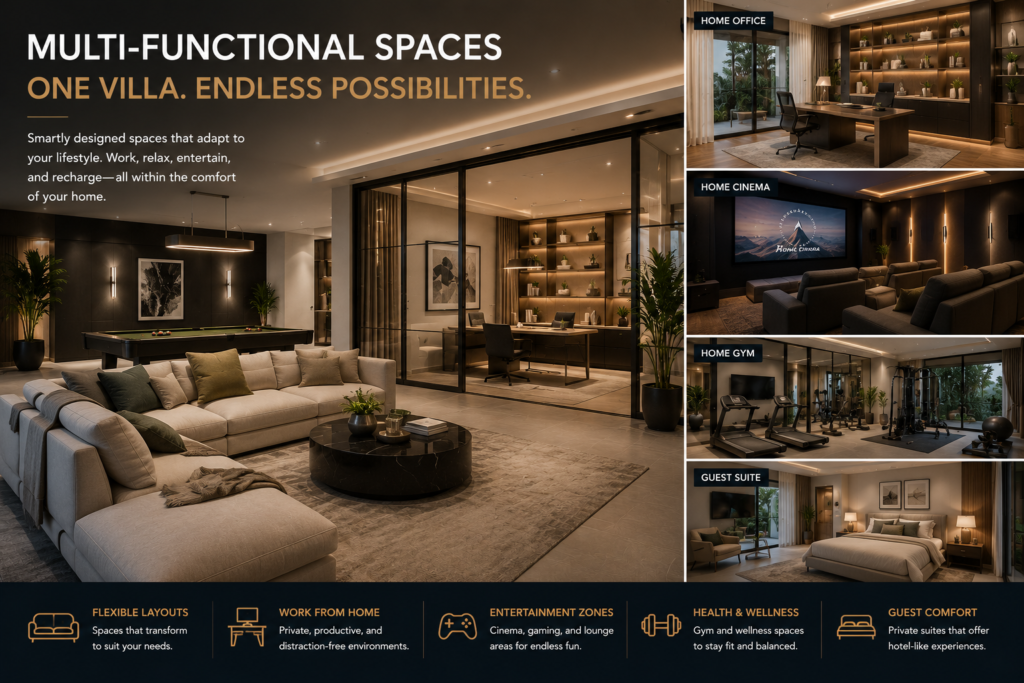 Multi functional smart villa spaces including office cinema gym and guest suite