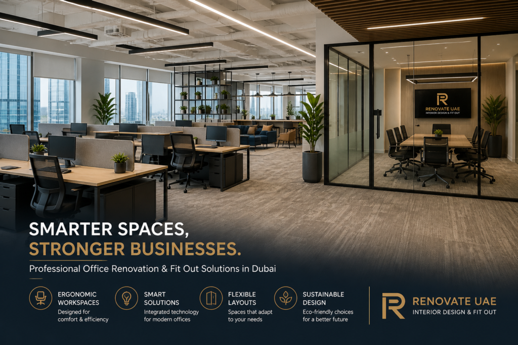 Modern office fit out Dubai with open workspace, glass meeting room, and ergonomic office furniture