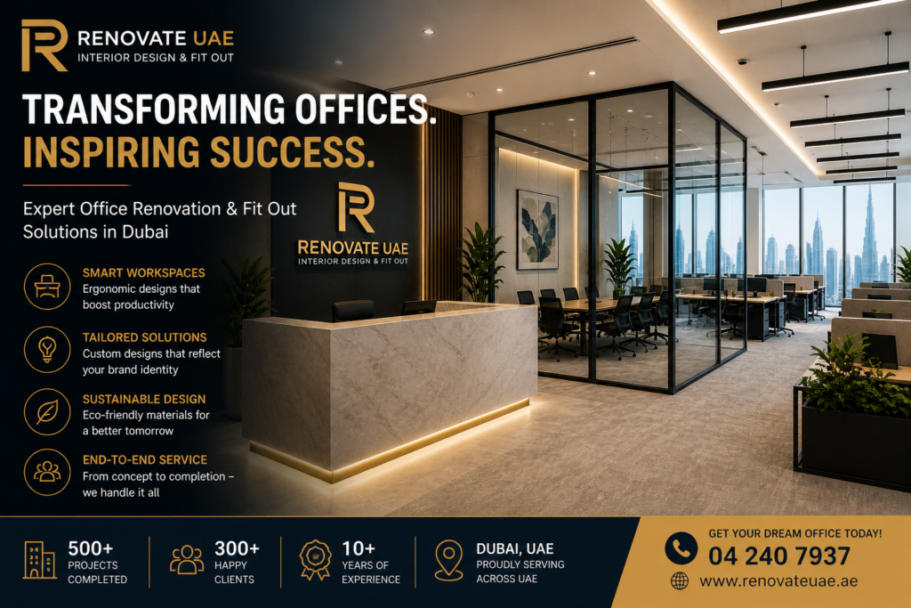 Office renovation Dubai featuring luxury reception design and modern workspace by Renovate UAE