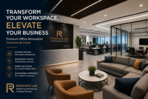 Modern office renovation Dubai with luxury reception, glass partitions, and open workspace design