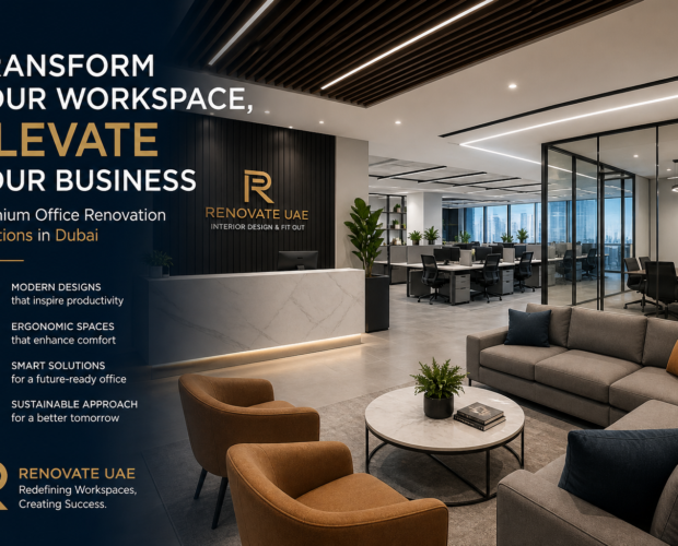 Modern office renovation Dubai with luxury reception, glass partitions, and open workspace design