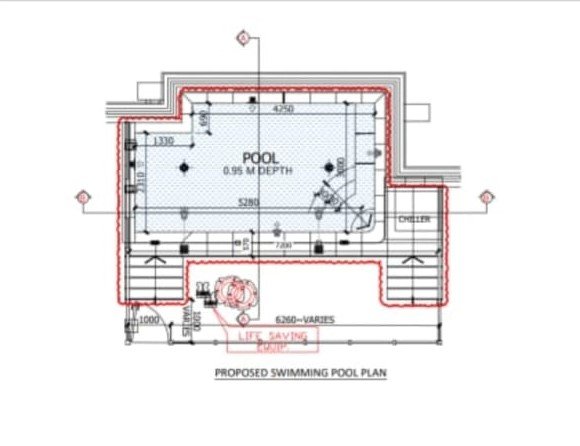 Approved proposed swimming pool modification drawing for luxury penthouse renovation in Palm Jumeirah