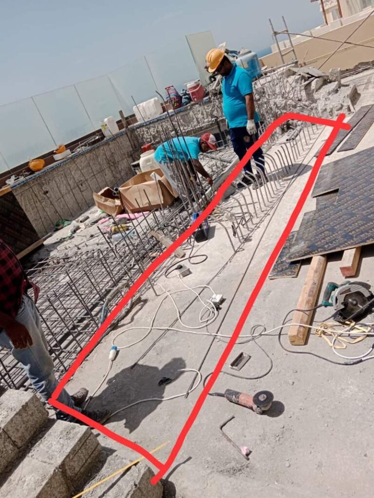 Structural reinforcement and rebar installation during rooftop swimming pool renovation in Palm Jumeirah Dubai