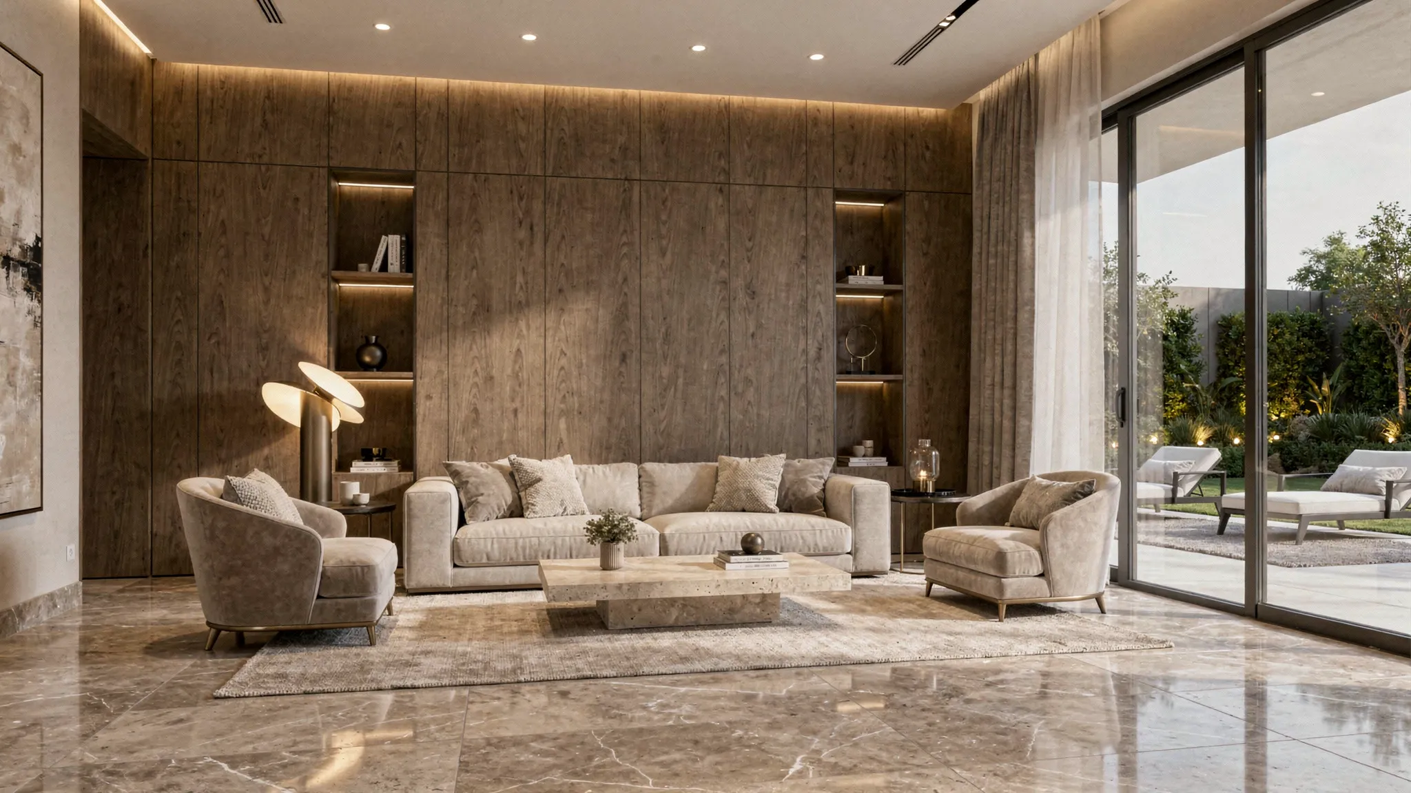 Renovated luxury villa living room in Dubai, medium-framed view centered on a seating area in warm neutral tones with natural stone flooring, custom wood wall panels, soft layered lighting, and large floor-to-ceiling windows opening onto a landscaped outdoor seating area.