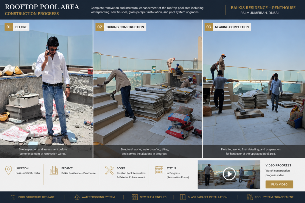 Rooftop pool renovation construction progress at Balkis Residence Penthouse Palm Jumeirah Dubai