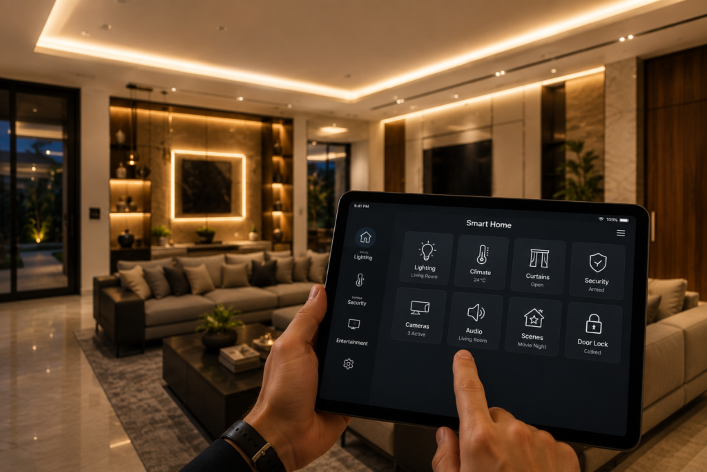 Luxury smart home system in contemporary UAE villa interior