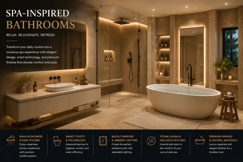 Luxury spa inspired bathroom renovation in Dubai villa