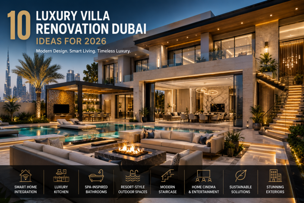 Luxury Villa Renovation Dubai outdoor living area with swimming pool