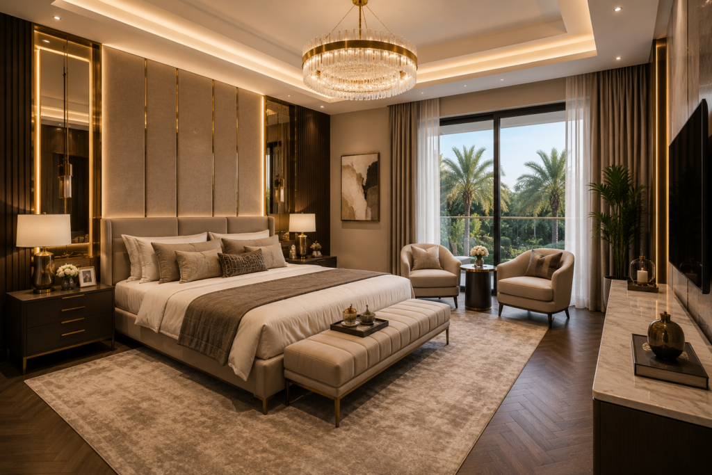 Villa Interior Renovation Dubai luxury modern master bedroom by Renovate UAE