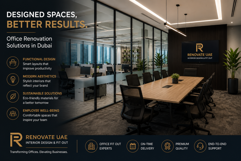 Modern workspace renovation UAE with glass meeting room, open office layout, and professional interior design