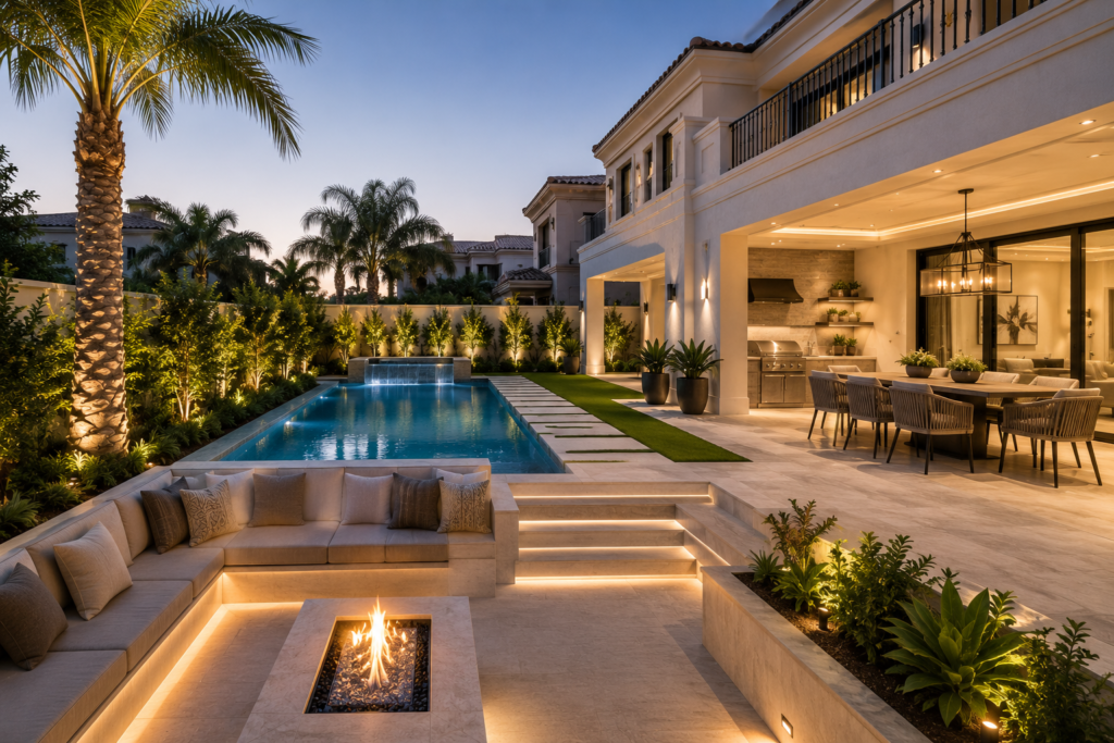 Luxury landscaped backyard with swimming pool renovation in Jumeirah Park villa Dubai featuring outdoor seating, garden lighting, and modern outdoor living space.