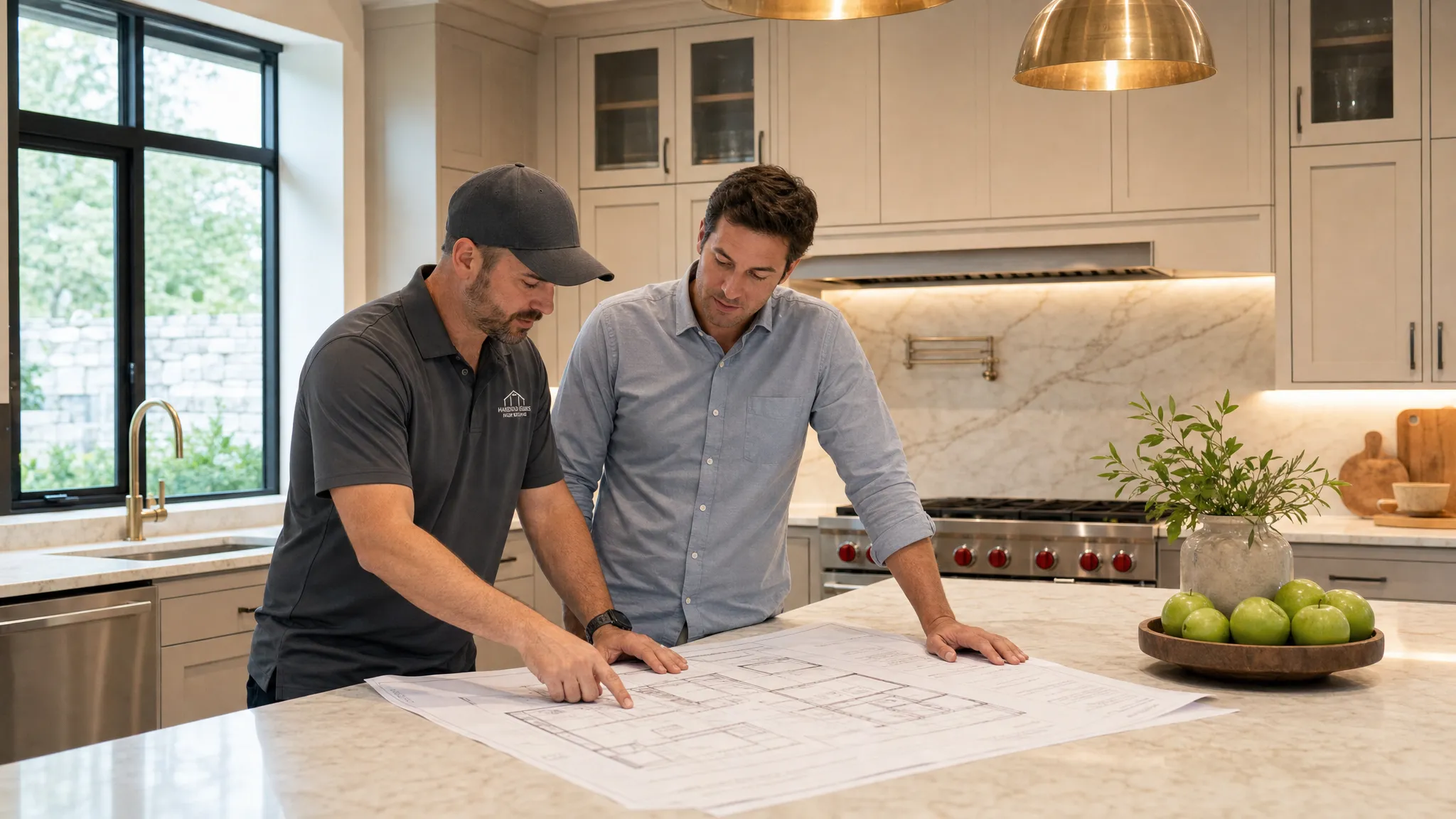 A bright modern villa kitchen with custom cabinetry, stone countertops, under-cabinet lighting, and two workers reviewing renovation plans on the countertop.