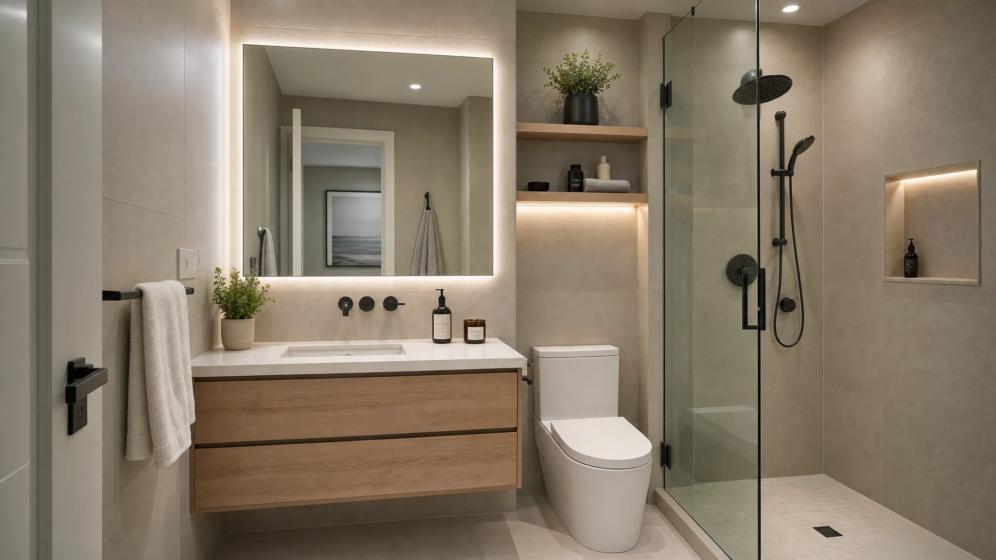 A compact modern bathroom with neutral porcelain tiles, a floating vanity, a large illuminated mirror, a clear glass shower screen, and layered lighting that creates a clean premium look.