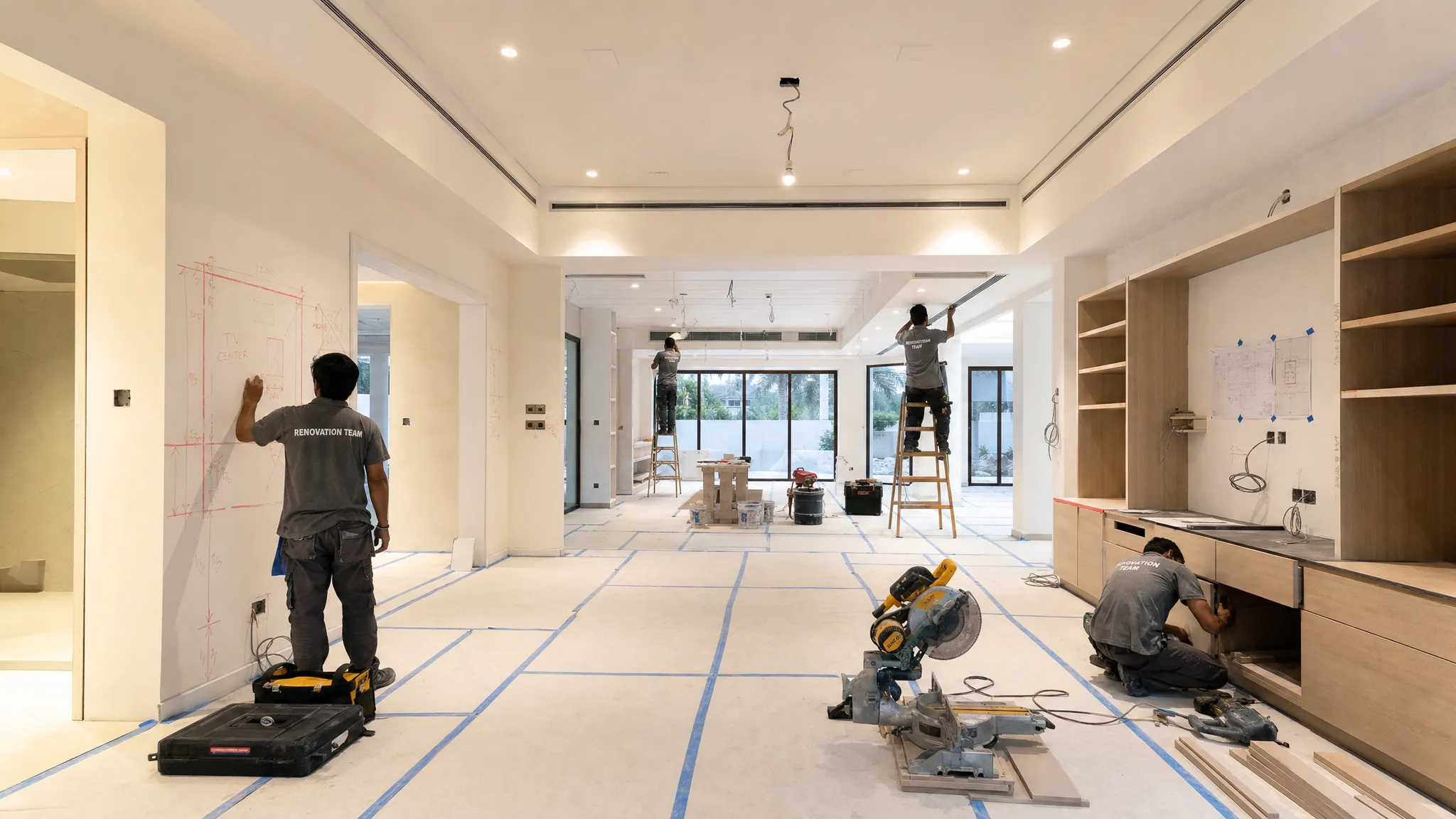 A Dubai villa renovation in progress with protected floors, organized tools, marked walls, ceiling work, lighting points, AC vents, and custom joinery areas being coordinated by remodeling trades.