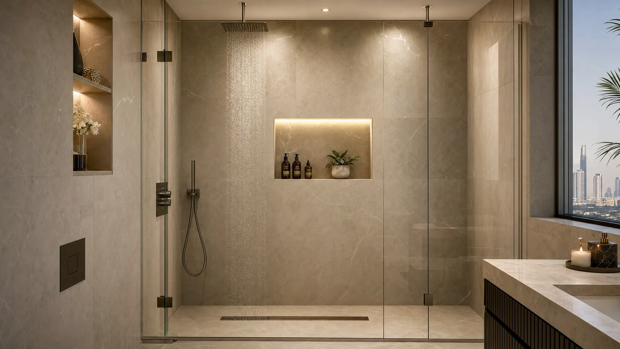 A finished luxury shower remodel in a Dubai home with large-format tiles, frameless glass, a rainfall showerhead, a recessed wall niche, and warm bathroom lighting.
