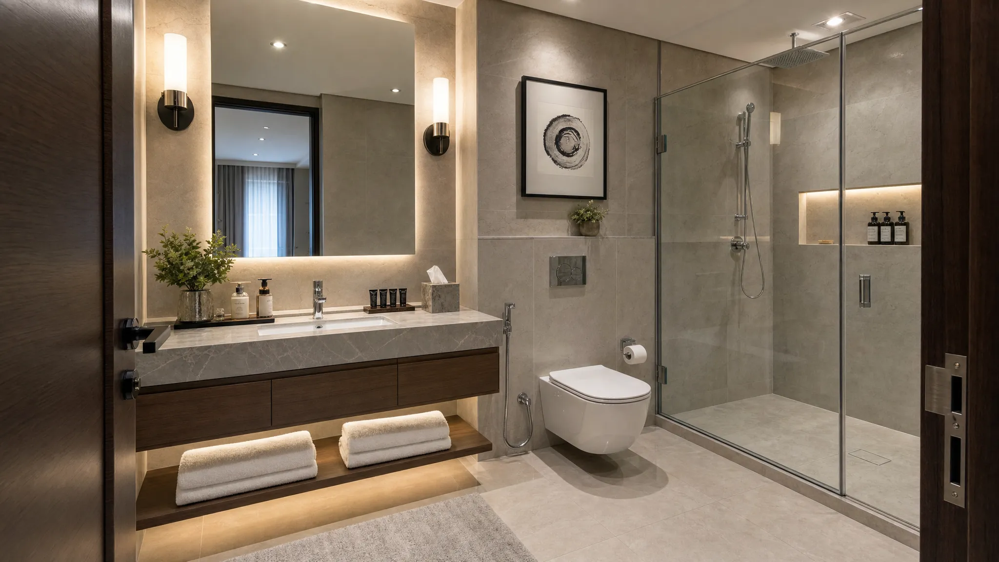 A modern UAE bathroom interior with a floating vanity, large mirror, vanity lighting, glass shower enclosure, stone-look tiles, and neatly organized towels and toiletries seen from the doorway.