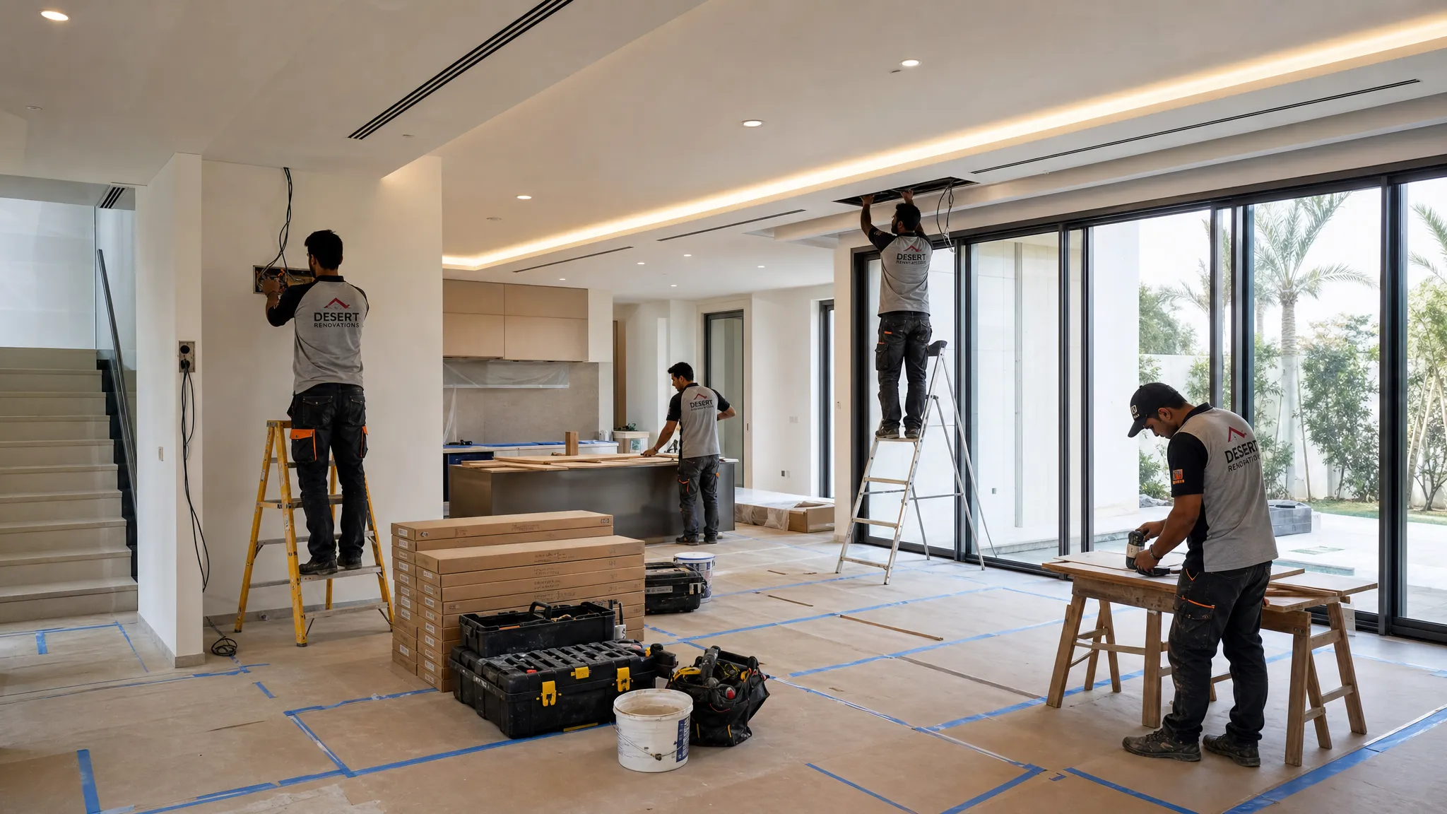 A modern UAE villa interior under renovation, with protected flooring, organized tools, stacked materials, and workers coordinating electrical, ceiling, and carpentry tasks in a bright open-plan living area.
