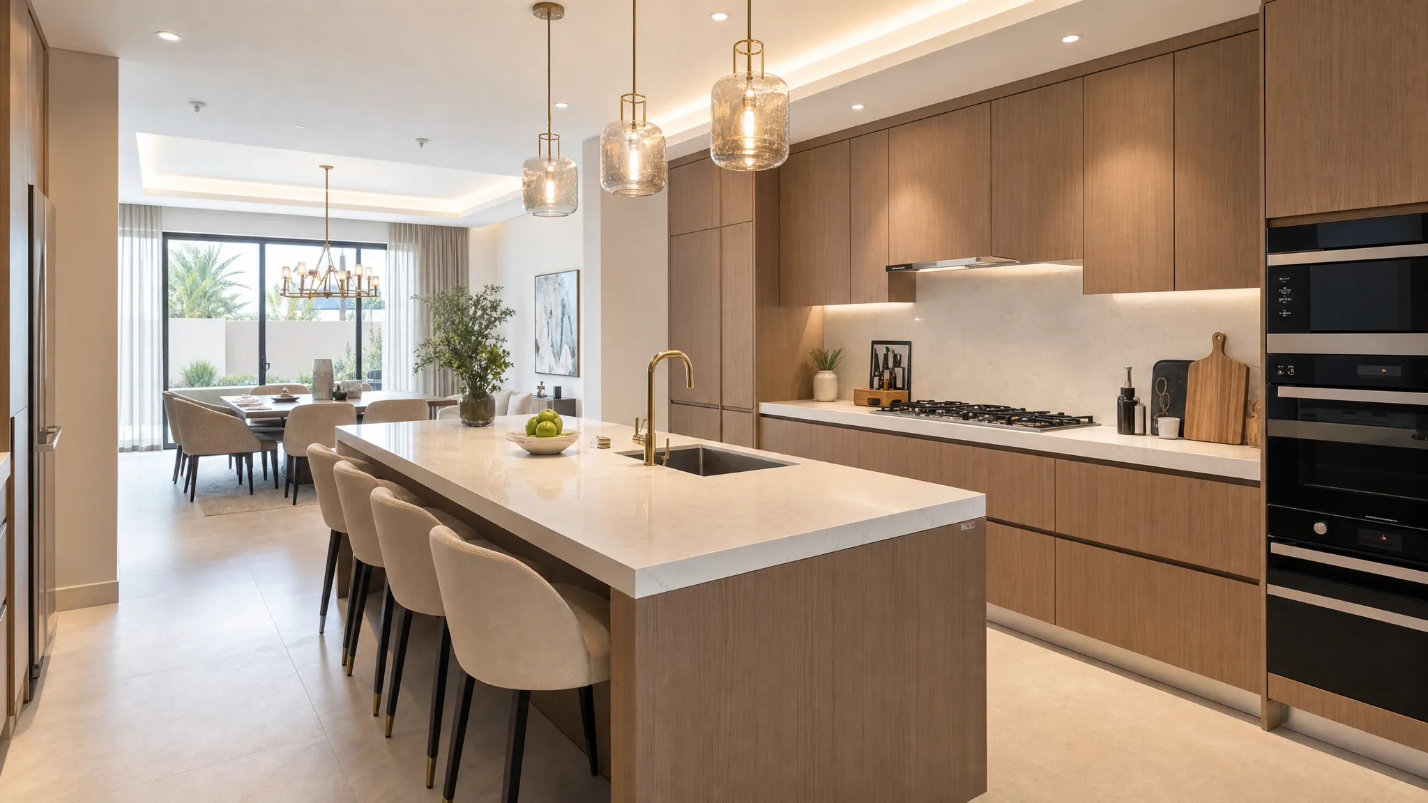 A modern UAE villa kitchen with a large island, quartz countertops, warm wood cabinetry, integrated appliances, pendant lighting, and a dining area connected to the space, viewed from the kitchen end with the dining area in the background.