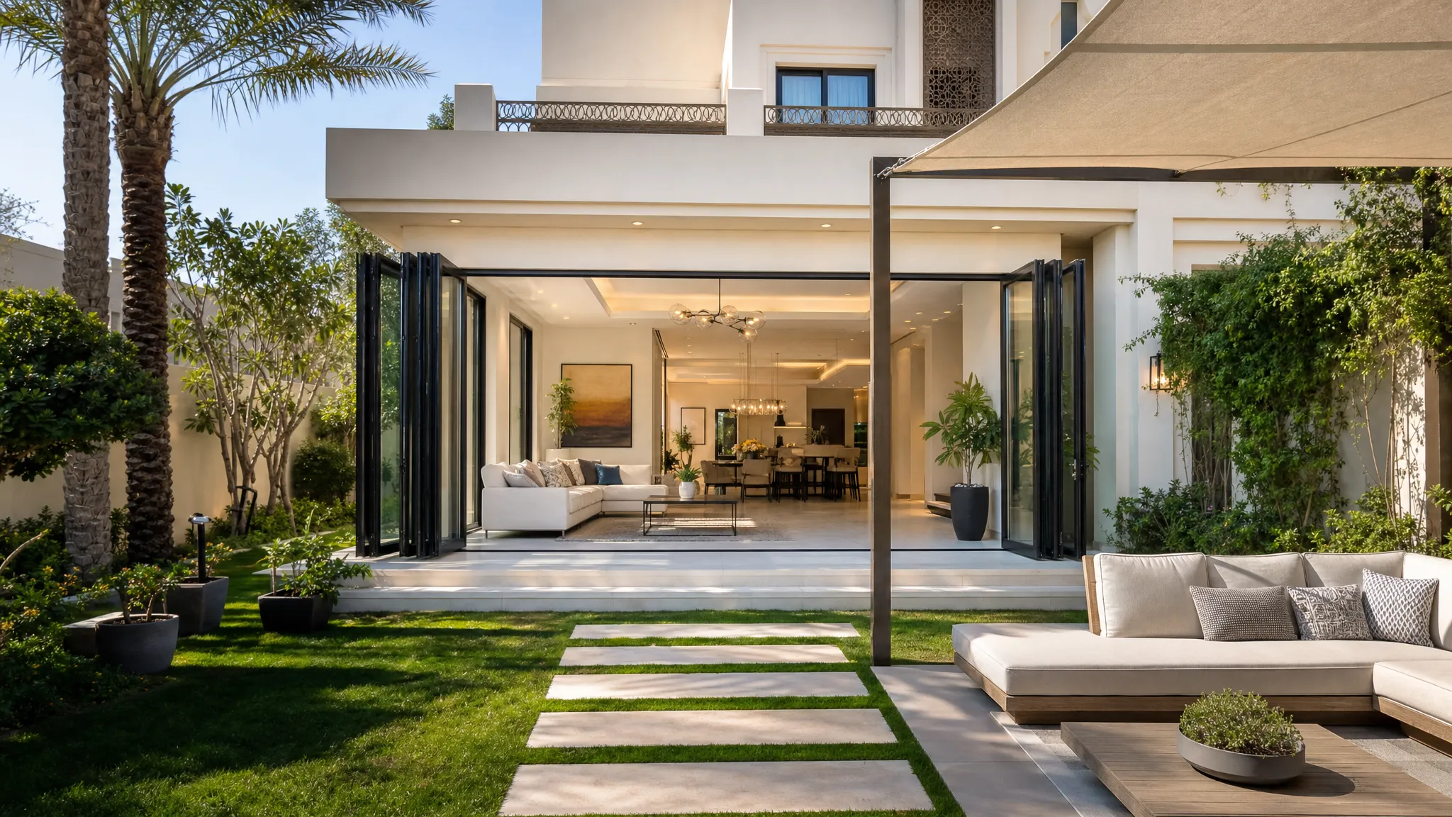 A modern UAE villa rear extension opening to a landscaped garden, with large glass doors, a shaded seating area, and a bright family living space connected to the outdoors.