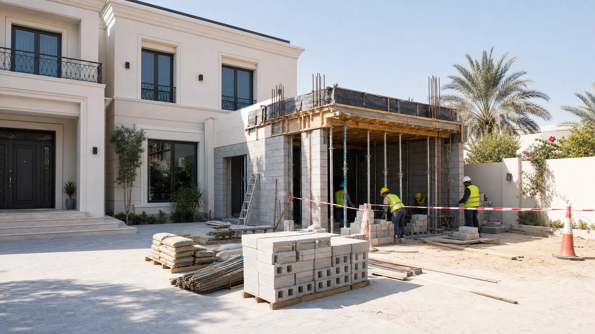 A modern UAE villa undergoing a home addition, with a partially built extension connected to the existing structure, organized construction materials, protective barriers, and workers preparing the new space while the rest of the home remains clean and intact.