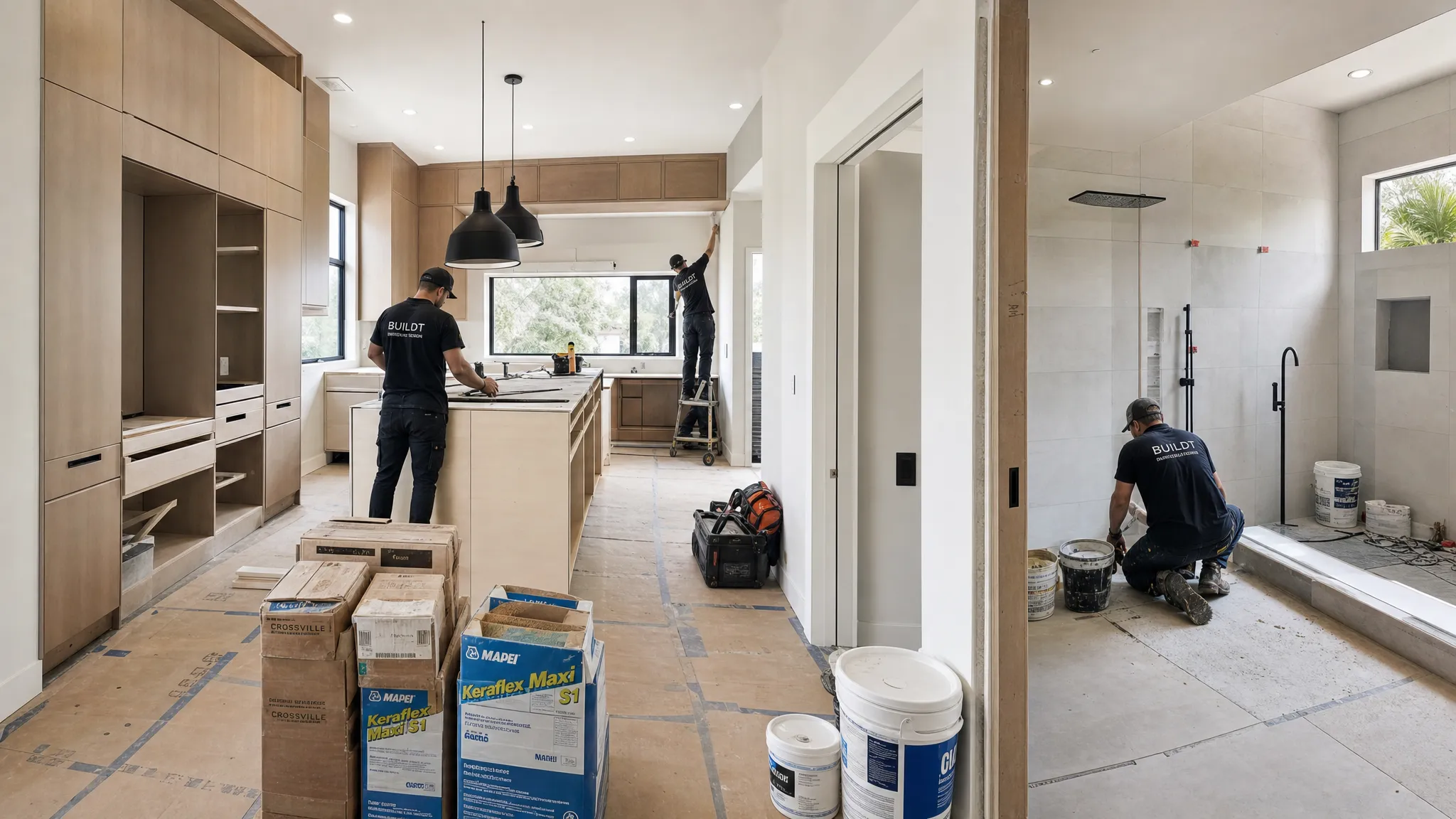 A modern villa kitchen and bathroom renovation in progress, showing neatly organized materials, protective floor covering, cabinetry installation, bathroom tiling, and workers coordinating on site.
