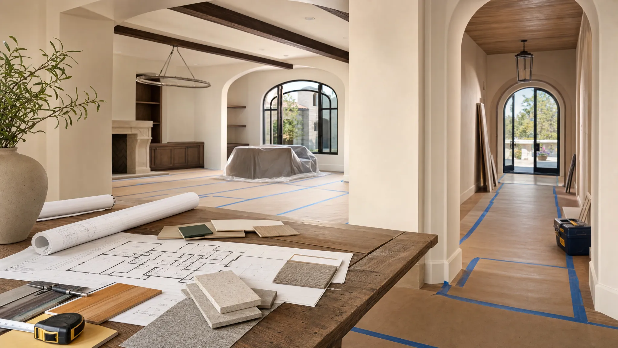 A protected villa interior with floor coverings, a table holding floor plans and material samples, and a clear work area set up for remodeling.