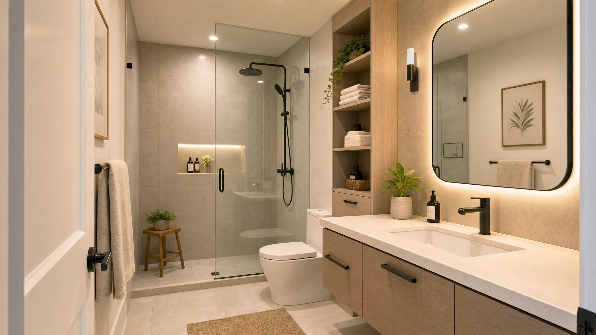 A renovated modern bathroom seen from the doorway at eye level, with a walk-in glass shower, floating vanity, warm mirror lighting, built-in storage, and neutral stone-look tiles designed for comfortable daily use.