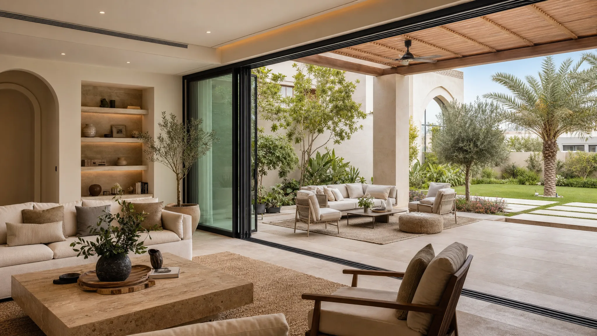 A renovated UAE villa living area connected to a landscaped outdoor seating space, with large glass doors open to the garden, a shaded terrace with seating, and natural stone finishes tying the indoor and outdoor areas together.
