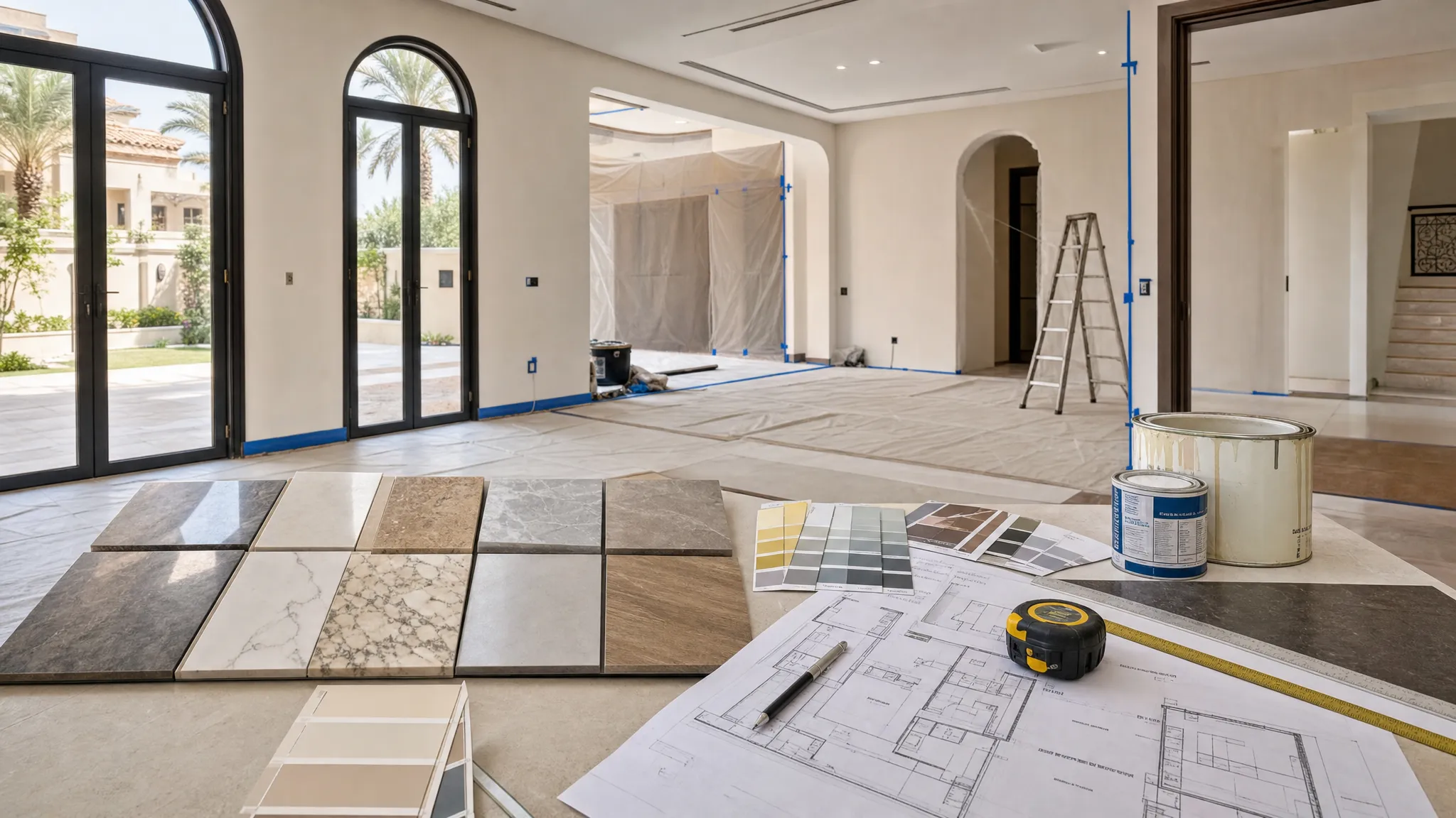 A UAE villa renovation planning scene with sample tiles, paint swatches, a measuring tape, floor plans, and protective coverings in a bright interior space being prepared for remodeling.