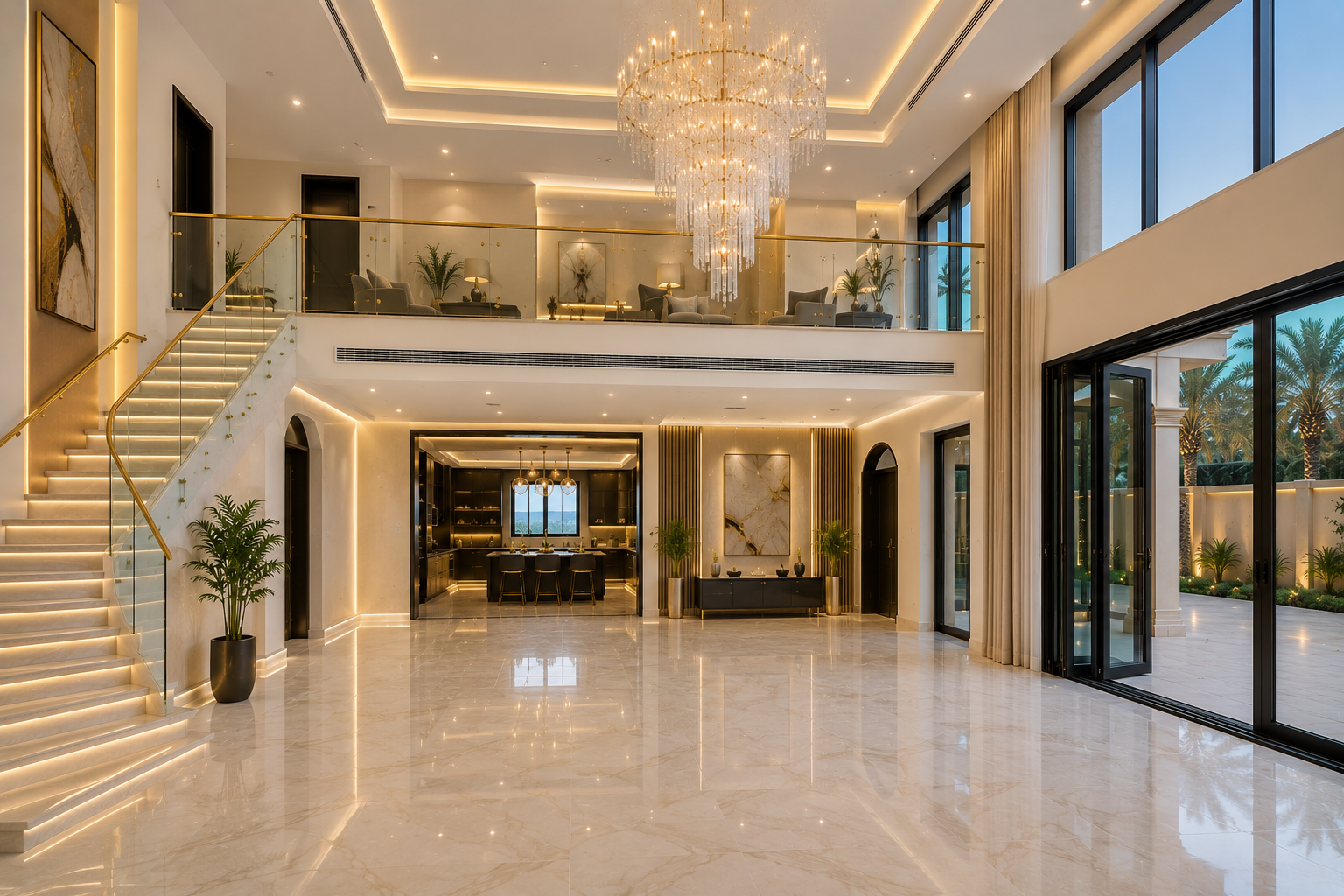 After home renovation Dubai luxury villa interior with marble flooring glass railing and modern chandelier