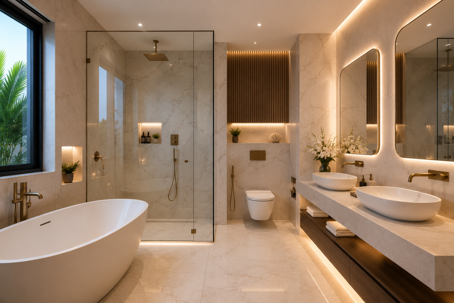 Luxury bathroom renovation in Al Furjan villa with freestanding bathtub and walk in shower in Dubai