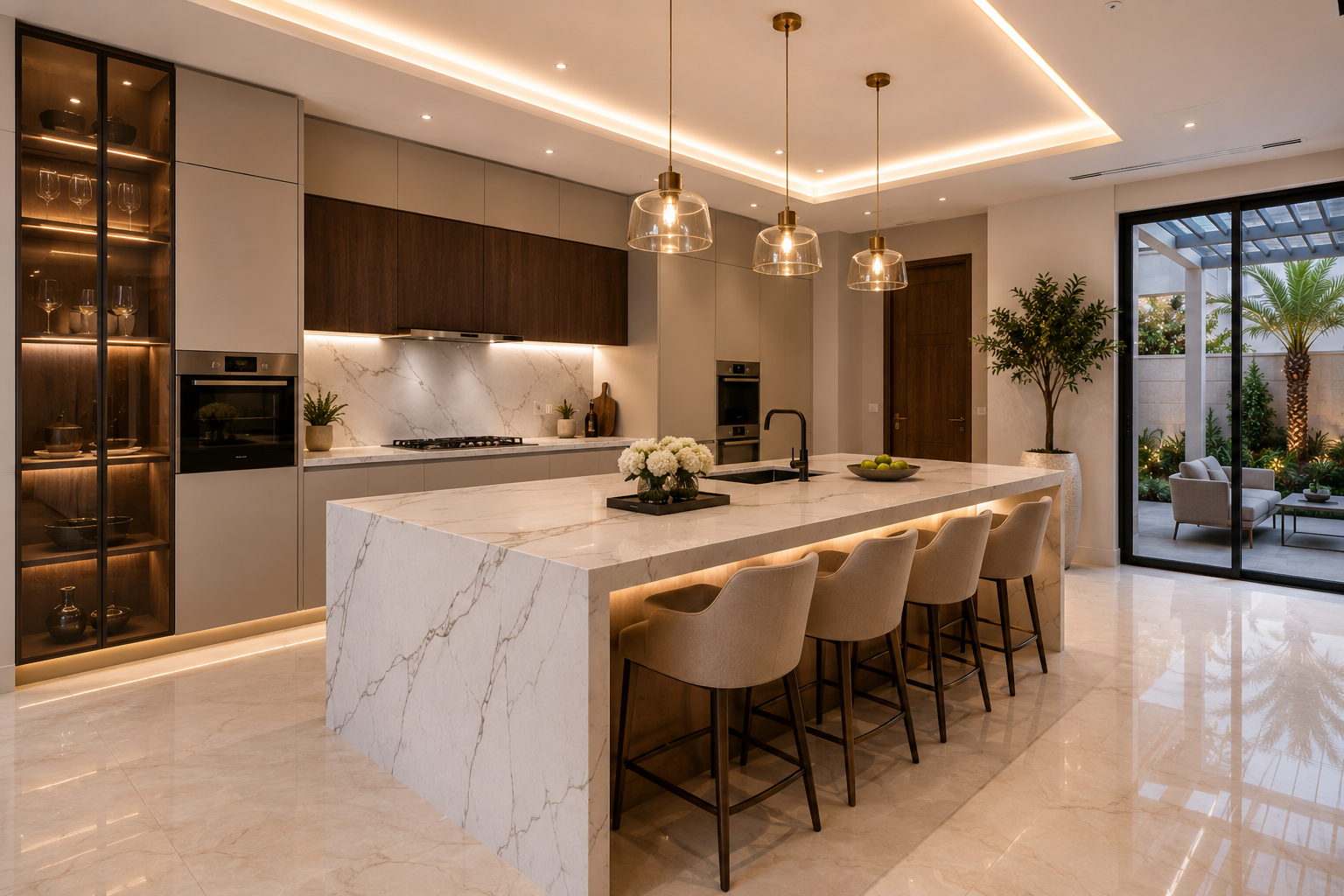 Luxury kitchen renovation in Al Furjan villa with marble island and modern cabinetry in Dubai