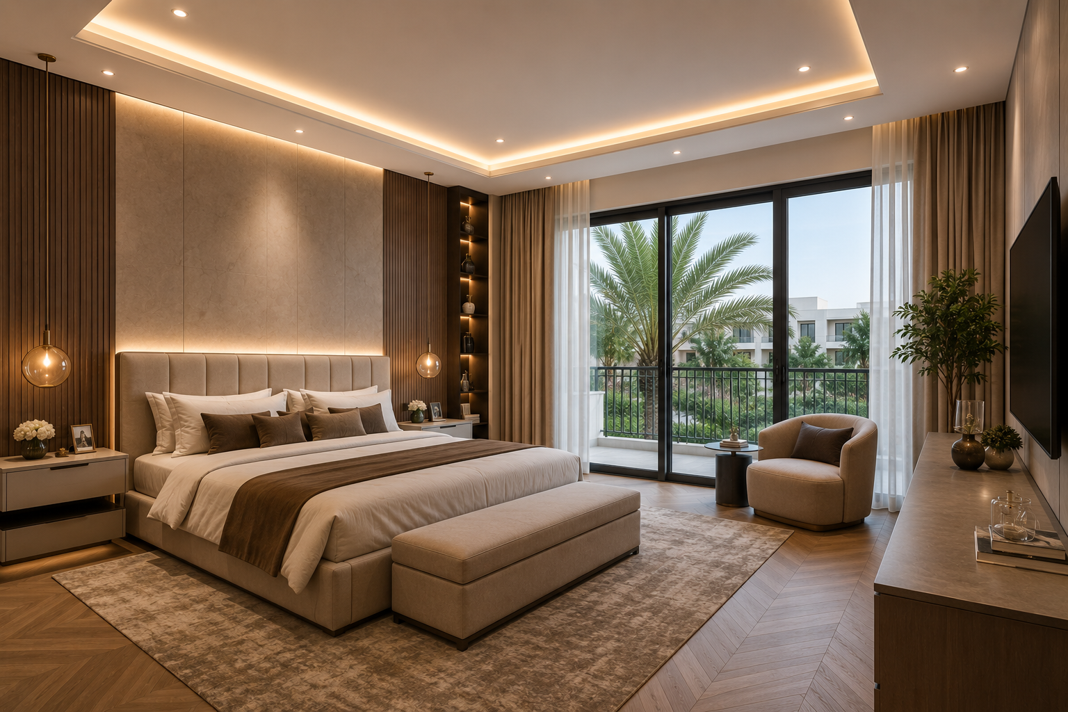 Luxury master bedroom renovation in Al Furjan villa with modern interior design and balcony view in Dubai