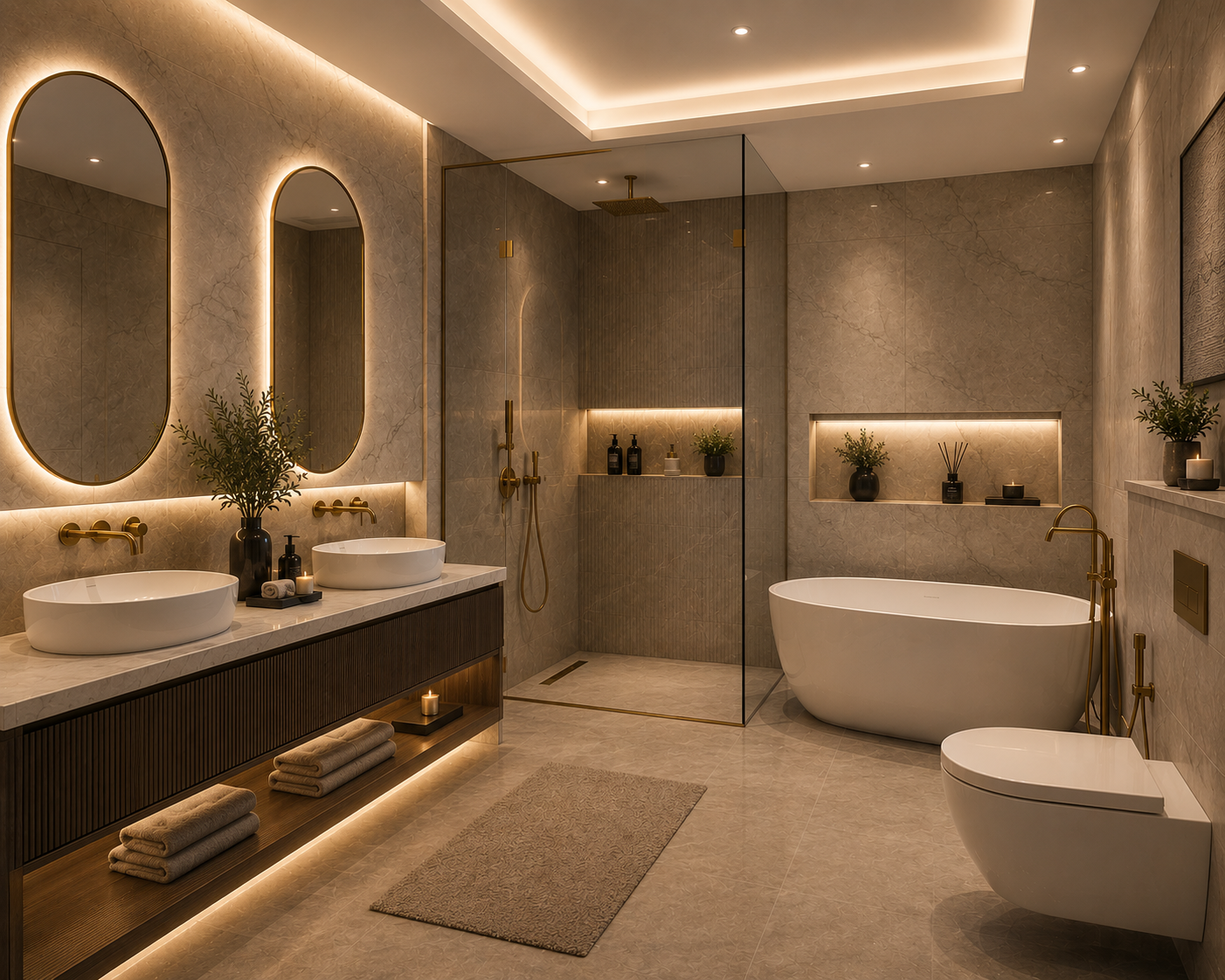 Apartment bathroom renovation Dubai with walk-in shower, floating vanity and marble walls