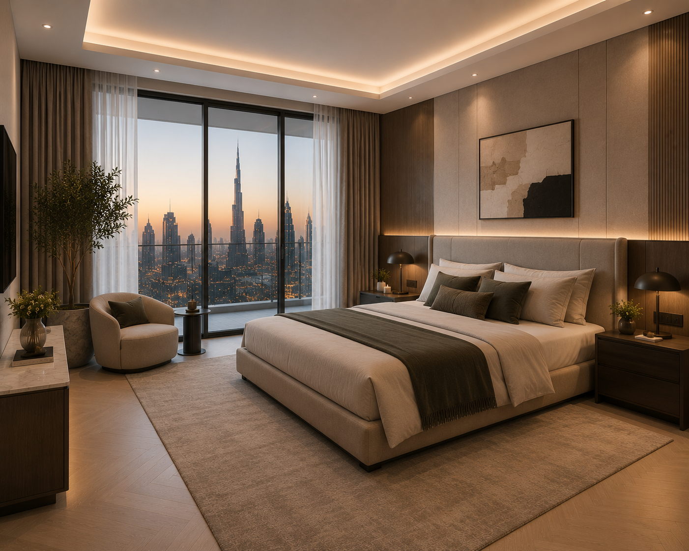 Apartment bedroom renovation Dubai with custom wardrobe, feature wall and luxury interior design