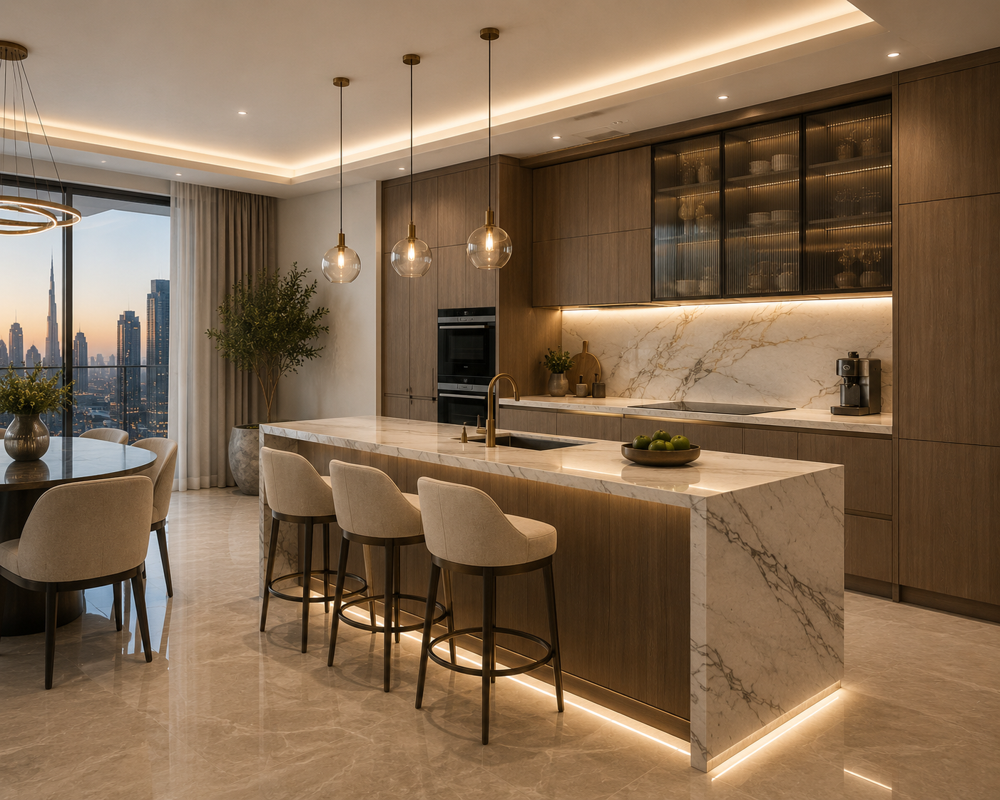 Apartment kitchen renovation Dubai with quartz countertop, luxury cabinets and built-in appliances