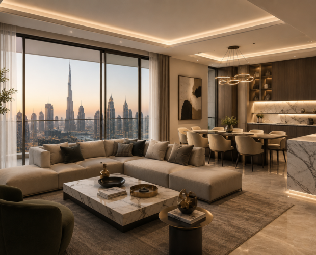 Apartment Renovation Cost Dubai luxury apartment renovation with modern living room and premium interior finishes