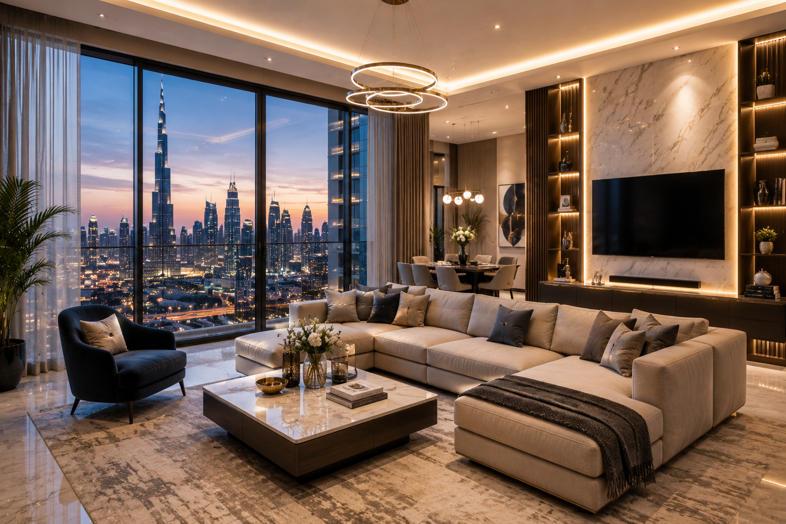 Premium apartment interior remodeling with Dubai skyline view