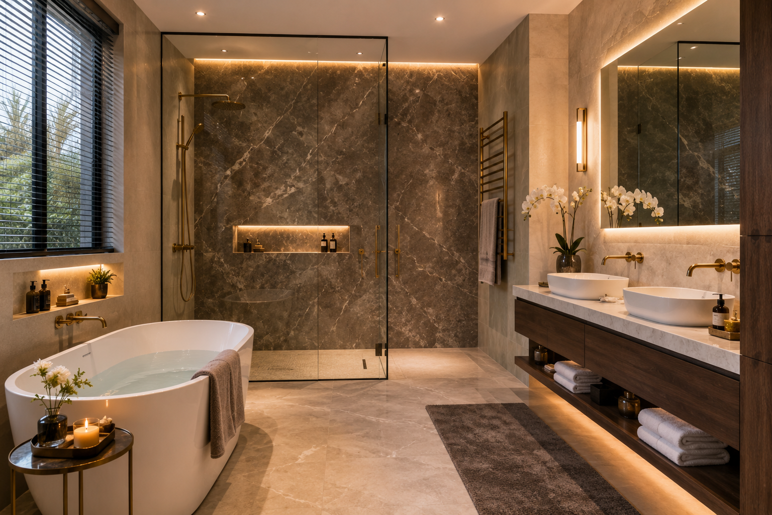 Hotel style bathroom remodeling with bathtub and walk in shower in Dubai