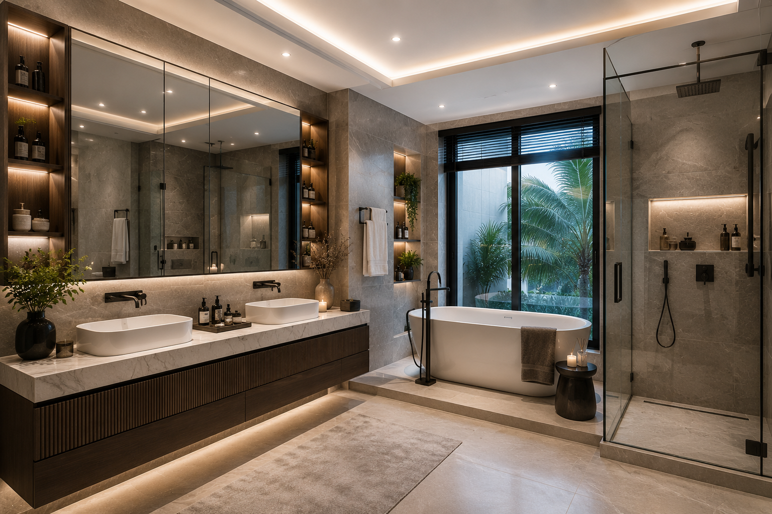 Luxury bathroom renovation with bathtub and walk-in shower in Dubai