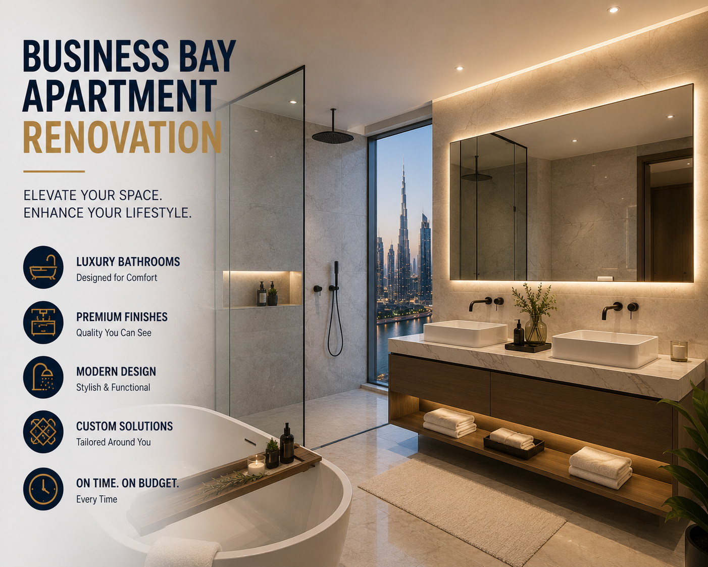 Business Bay apartment renovation luxury bathroom design Dubai